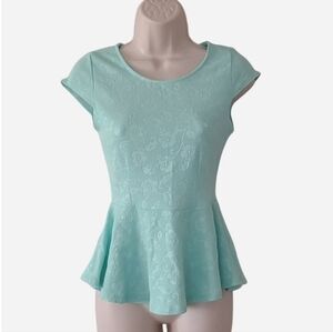 Green Floral Peplum Top with Cap Sleeves